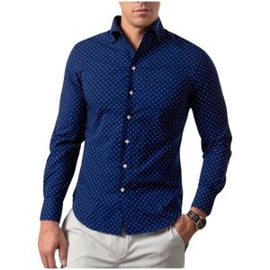 NWT ZACHARY PRELL Wilson Button Down Collared Shirt in Navy Swiss Dot Print